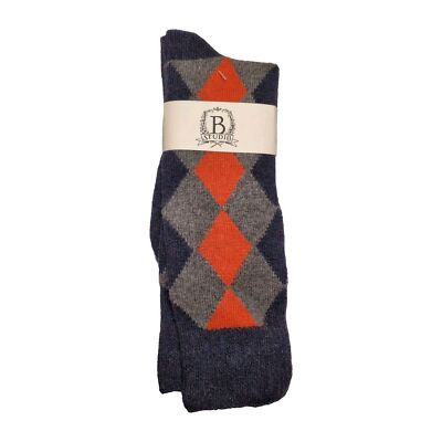 Men's Cashmere Blend Socks B.studio (B.ella) Diamond Argyle Dk Blue Gray Orange 