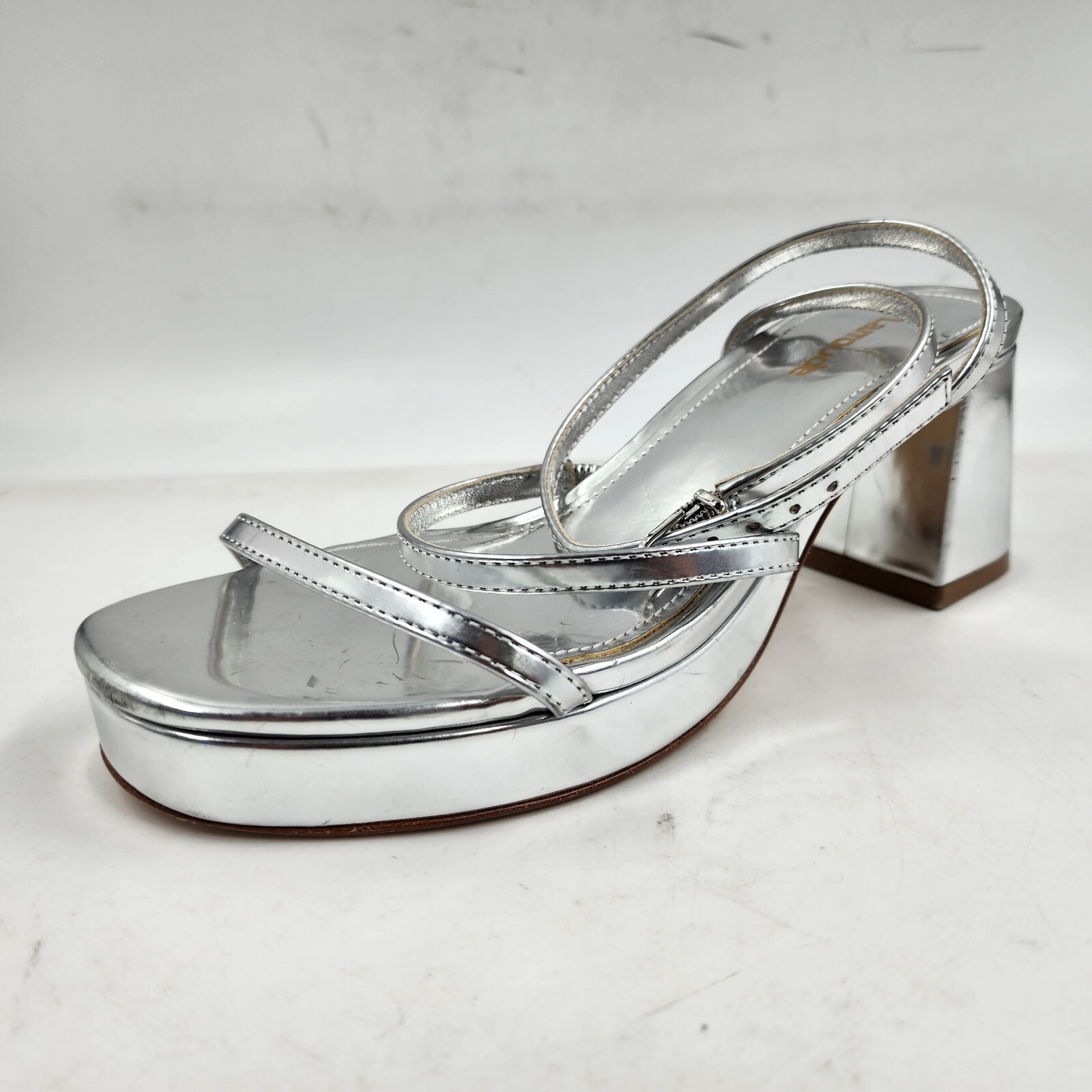Larroudé Gio Specchio Leather Sandals Women's 5.5 Silver Mirror Open Round Toe - Picture 10 of 19