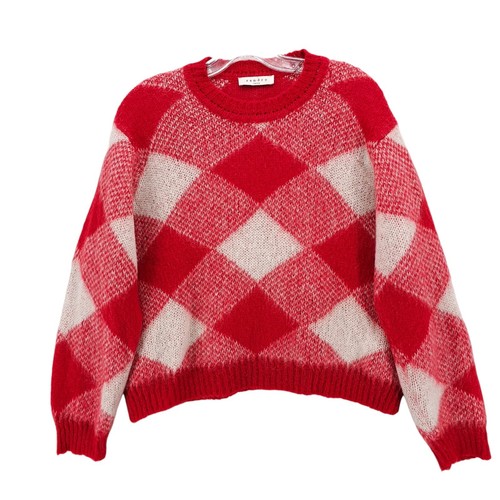 SANDRO PARIS Sweater Red Acrylic Mohair Fuzzy Diamond Check Size 1 - SMALL