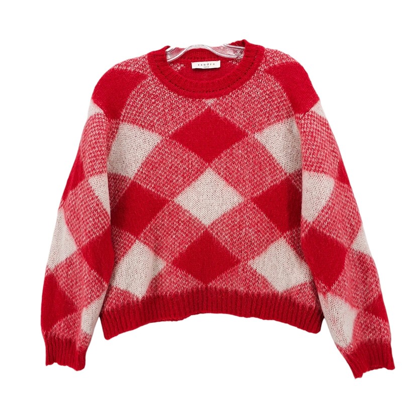 SANDRO PARIS Sweater Red Acrylic Mohair Fuzzy Diamond Check Size 1 - SMALL