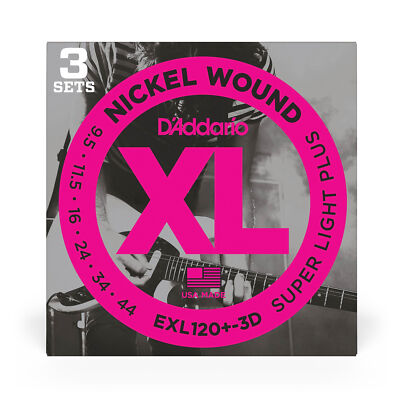 D'Addario EXL120+-3D 3-Pack EXL120+ Nickel Wound Electric Guitar Strings, 9.5-44