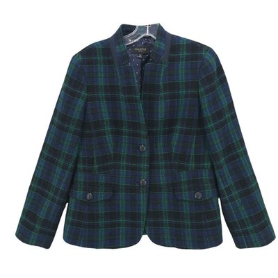 TALBOTS Blazer Green Blue Plaid Tartan Wool Blend Crest Buttons Size 10 PETITE