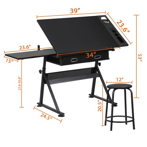 Drafting Drawing Table Tiltable Tabletop Workstation Adjustable Height w/Stool