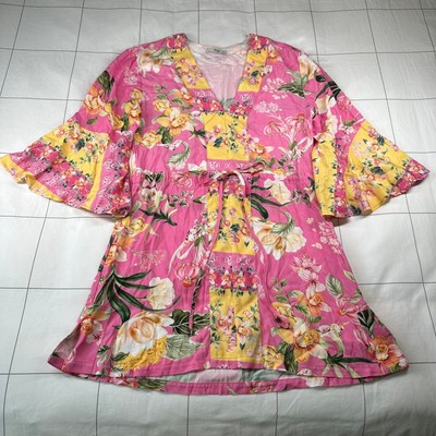 Maaji Dress Womens Medium Pink Botany Joy Bell Sleeve Cover-Up Kaftan Floral 