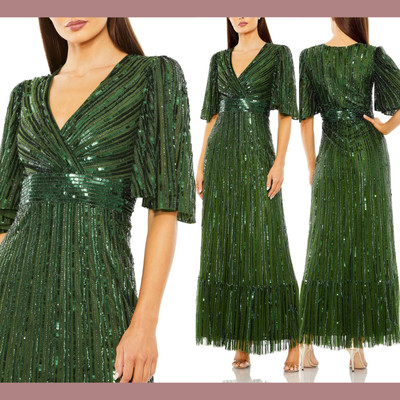 NWT$698 Mac Duggal [ 12 ] Flutter Sleeve V Neck Ruffle Sequin Gown Emerald S1238