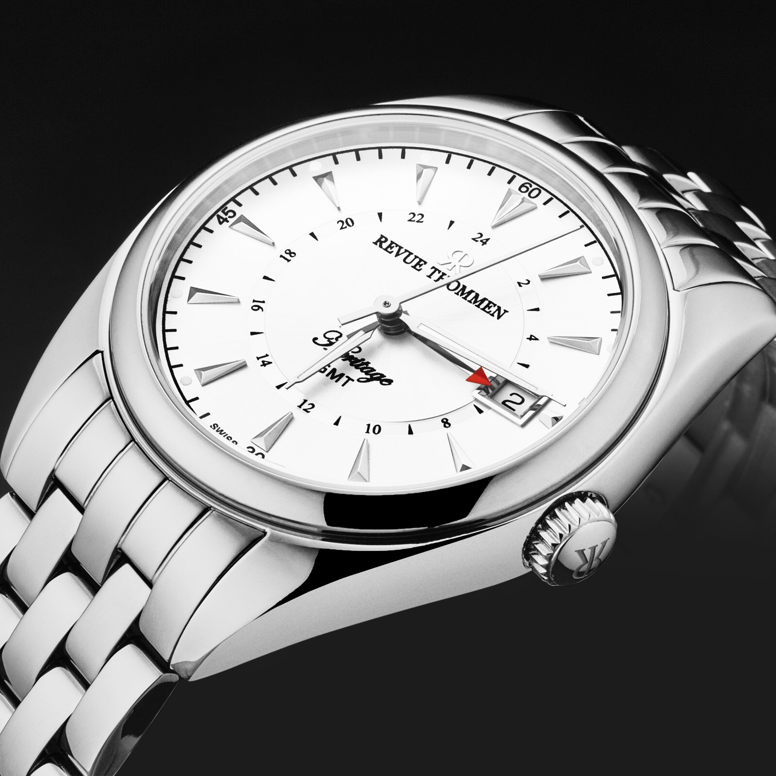Pre-owned Revue Thommen Men Heritage Gmt Silverdial Ss Bracelet Swiss Automatic 21010.2332