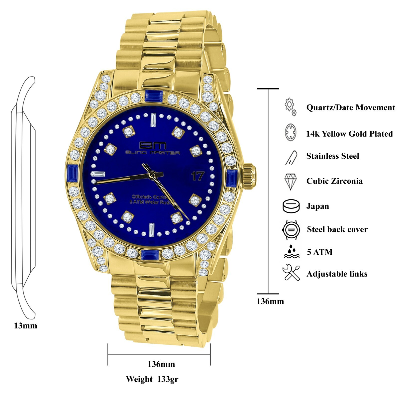 Pre-owned Bling Master 18k Gold Tone Solid Steel Blue Dial Simulated Diamonds Mens President Watch 40mm