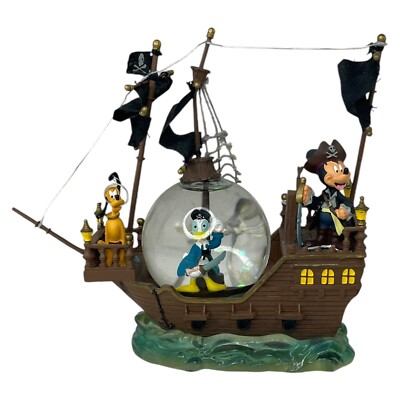Disney Parks Snow Globe Black Pearl Pirate Caribbean Ship Mickey Donald Pluto