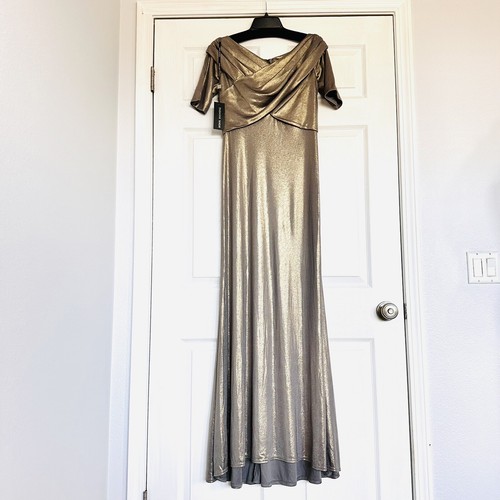 Pre-owned Tadashi Shoji Metallic Gold Aline Gown Short Sleeve Party Long Dress Maxi