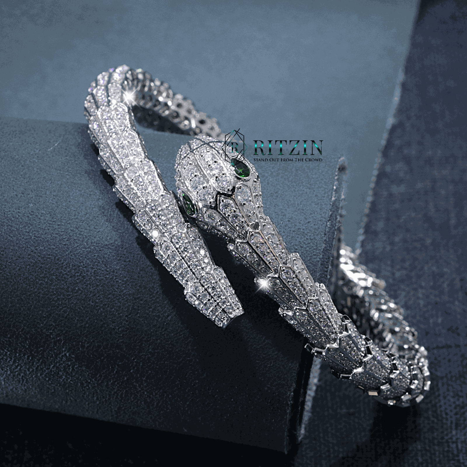White Round Cut Moissanite 925 Silver Snake Hip Hop Style Bracelet For Women