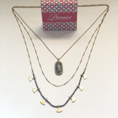 NWOT Premier Designs Rocco Hematite White Stone Gold Tone Necklace 20787 W/ Box