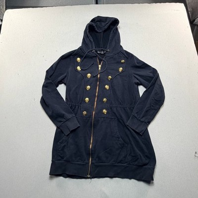 INC Hoodie Jacket Women Size Medium Navy Blue Excellent Military Gold Buttons