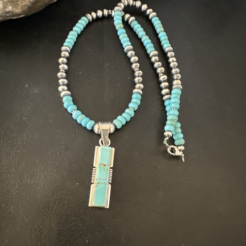 Pre-owned Handmade Blue Kingman Turquoise Inlay Pendant Navajo Sterling Silver Necklace 21” 16930