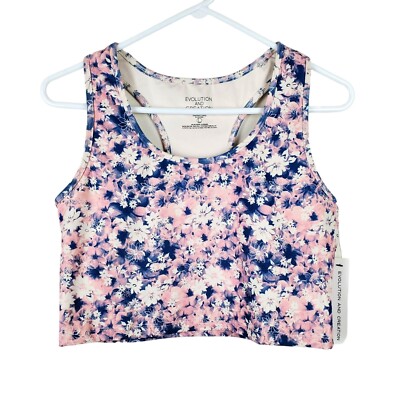 Evolution and Creation Womens Sports Yoga Bra Size L Floral Pink Blue NWT