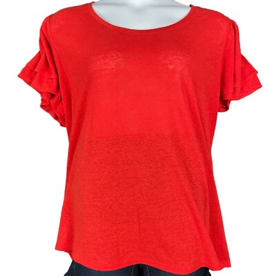 Ava Viv Top 3X Orange Linen Ruffle Sleeve Light Capsule Work Office Everyday