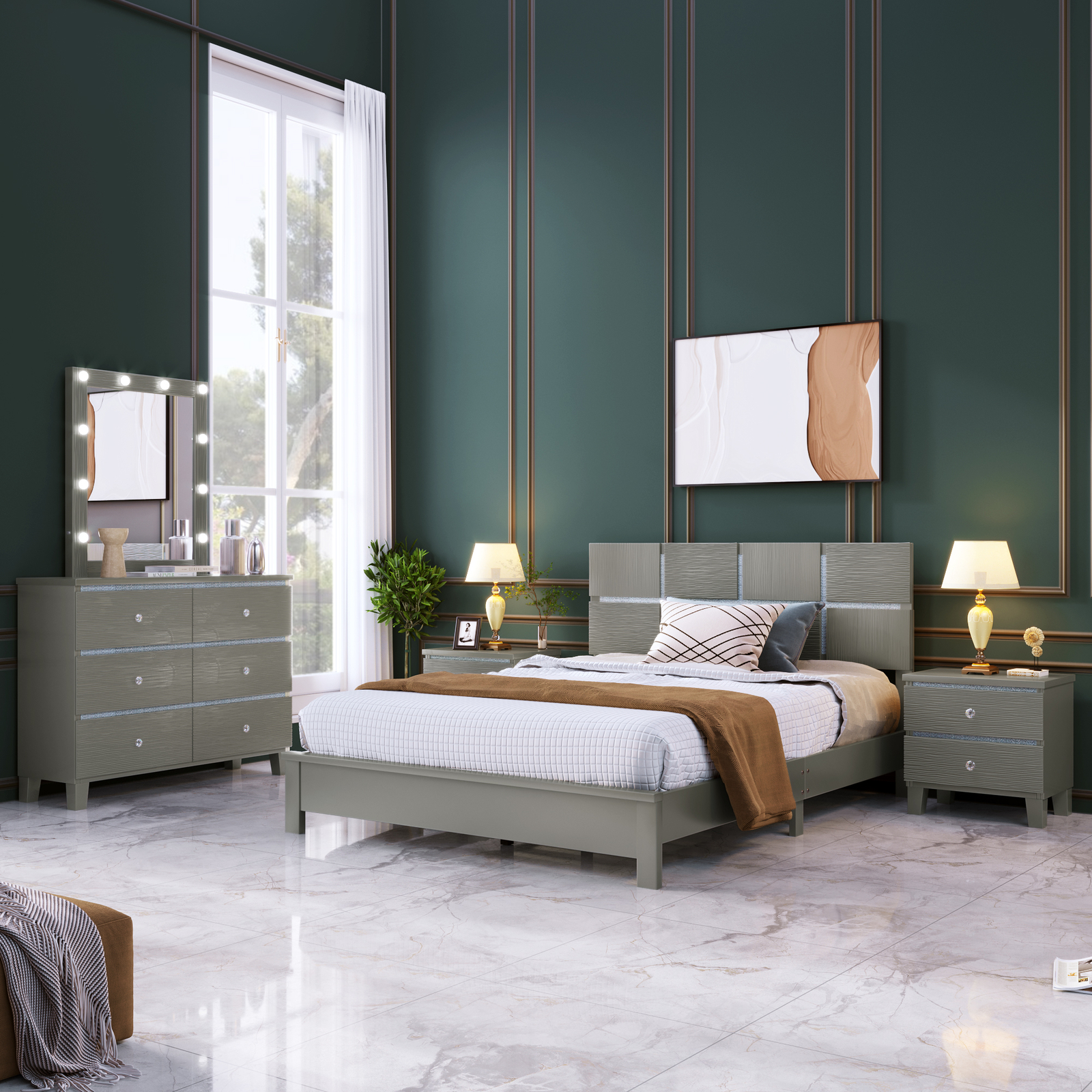 Modern Bedroom Sets King/Queen Size Platform Bed Frame/Nightstand/Dresser/Mirror