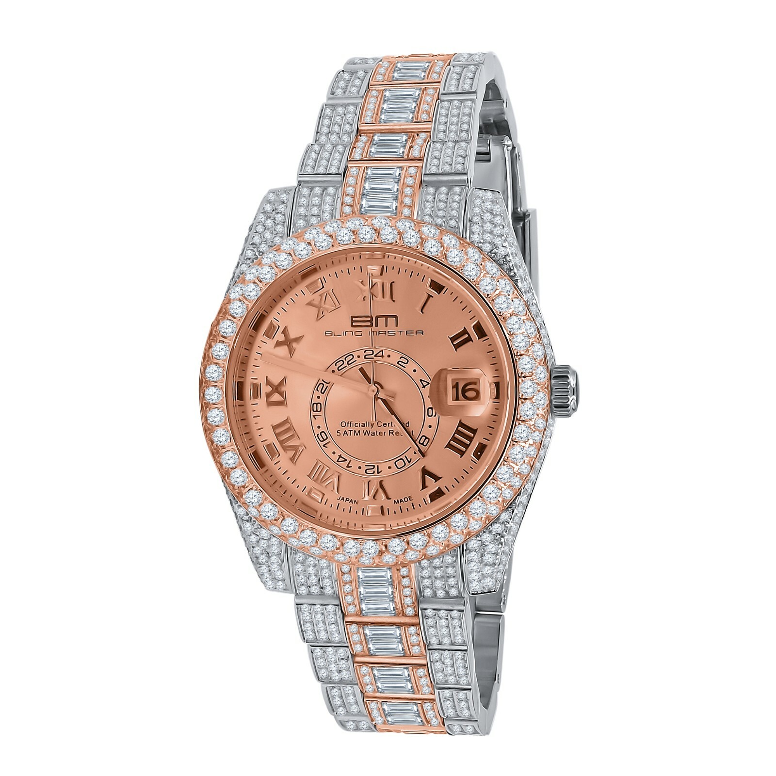 Pre-owned Bling Master - Knight 2 Tone Full Stainless Steel Rose Gold Finish Simulated Diamond Watch W/date 42mm