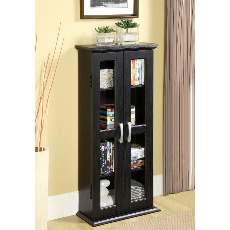 Bookshelf with Doors Tempered Glass Storage Cabinet Books DVD CD Media Tower