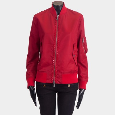 Pre-owned Valentino 3290$ Red Satin Bomber Jacket - Rockstuds, Zip Up, Sleeve Pocket