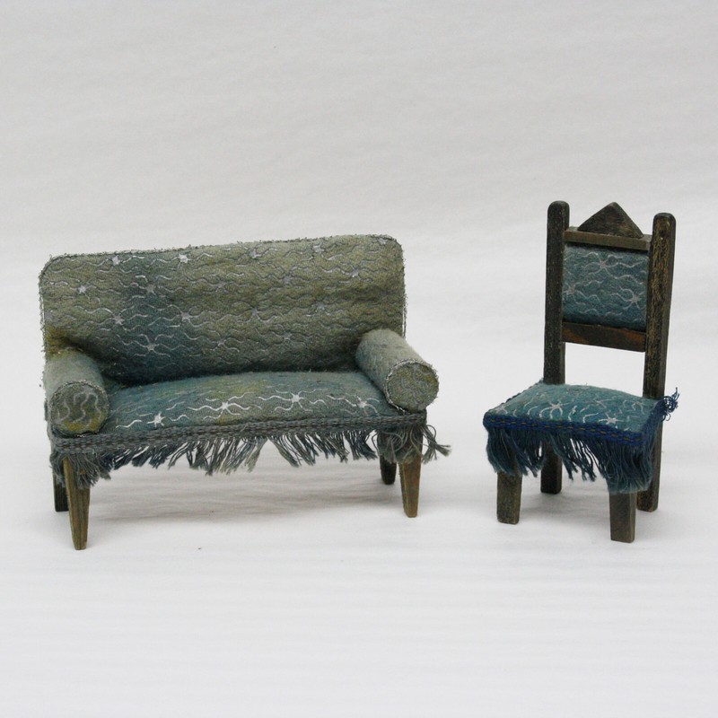 Maison De Poupee Antique Dollhouse â Divan + Chaise En Tissus Bleu - Divan Chair