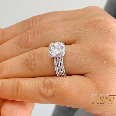 Pre-owned Asw 14k White Solid Gold Cushion Moissanite Diamond Engagement Ring And Bands 3.70ct