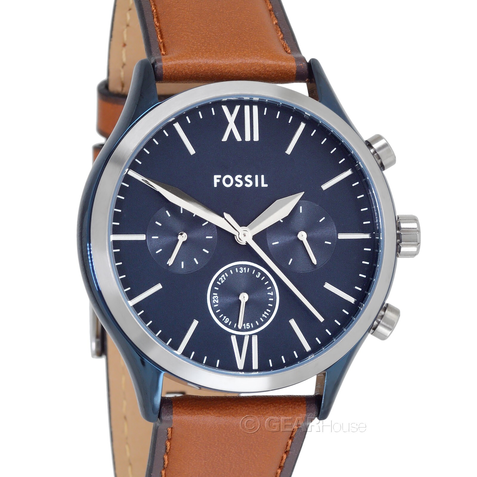 Многофункциональные мужские часы FOSSIL Fenmore синего цвета, циферблат с дневной датой, Коричневый кожаный ремешок