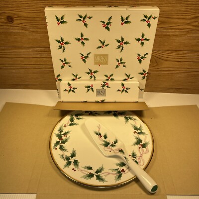 MIKASA RIBBON HOLLY 12  Cake Plate Christmas Platter And Serving Spatula - New*