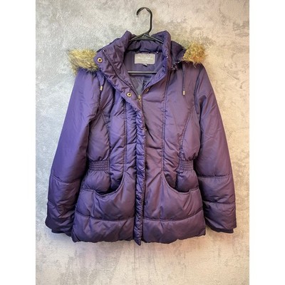 Marvin Richards Purple Puffer Jacket Faux Fur Hood Cinched Waist Womens Medium
