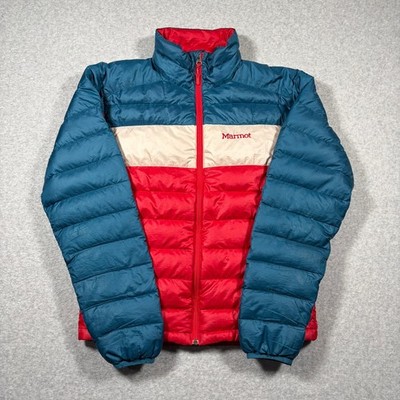 Marmot Puffer Jacket Mens Small Red White Blue 600 Fill Down Colorblock Full Zip