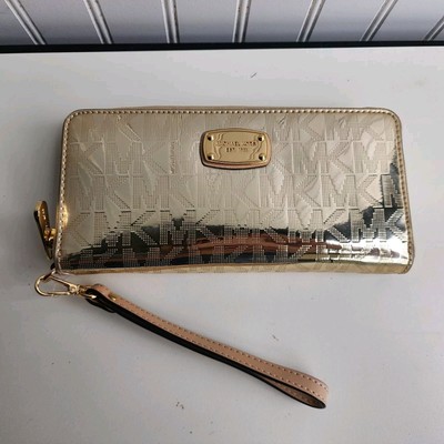 NWT MICHAEL KORS GOLD WRISTLET JET SET ZIP AROUND WALLET Metallic Embossed Logo
