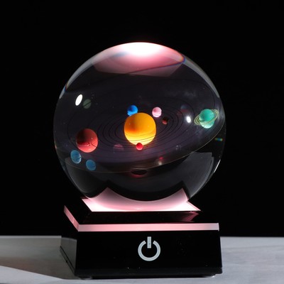 3d Crystal Ball With Solar System Model And Led Lamp Base Clear 80mm 3.15 Inch
