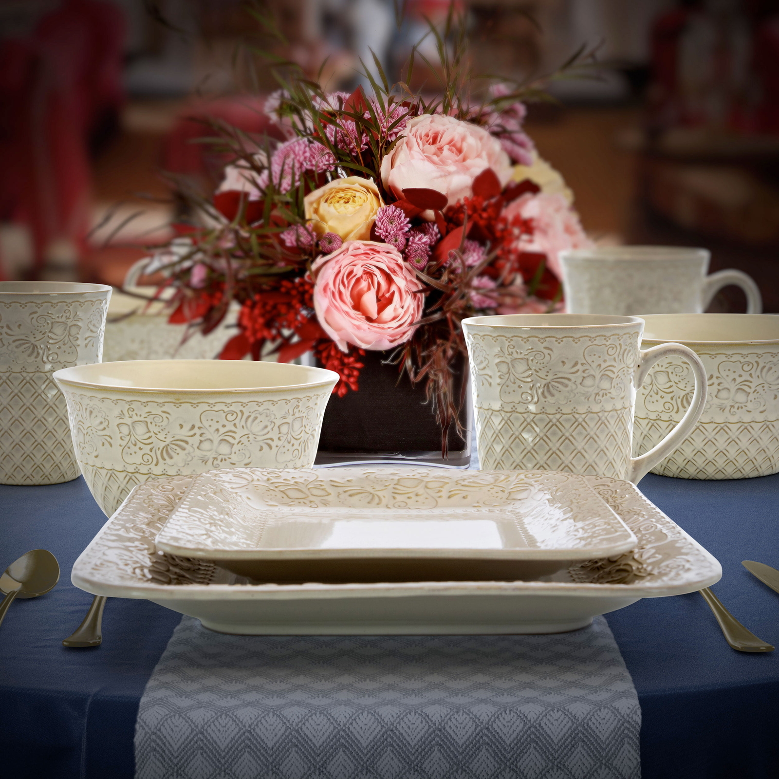 Elama Ivory Lotus 16 Piece Square Stoneware Dinnerware Set