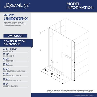 DreamLine Unidoor-X 54-54 1/2 in. W x 72 in. H Frameless Hinged Shower Door i...