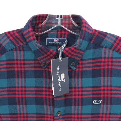NWT VINEYARD VINES Classic Fit Flannel Whale Shirt Blue Coral Plaid MEDIUM