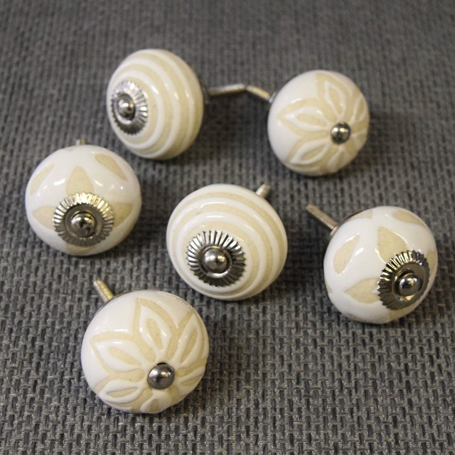 Set of 6 Beige and Cream Ceramic Cupboard Door Knobs Handles
