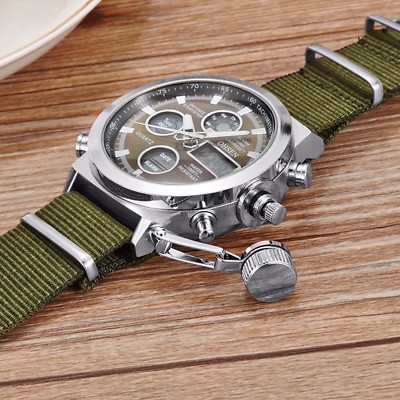 Men Military Army Green Analog Digital Quartz Nylon Canvas Wrist...