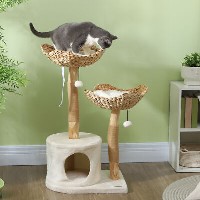 Modern Cat Tree with Wooden Scratching Posts, Condo, Beds, Cushions