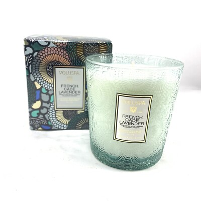Voluspa French Cade Lavender Candle Embossed Round Glass 9 Ounce Nib