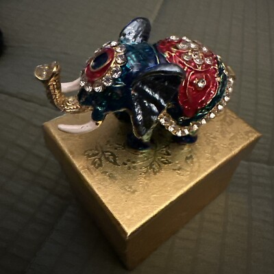 Exquisite Blue Multi Colors Crystals Elephant Jewelry Box Hand Hinged Lid Design