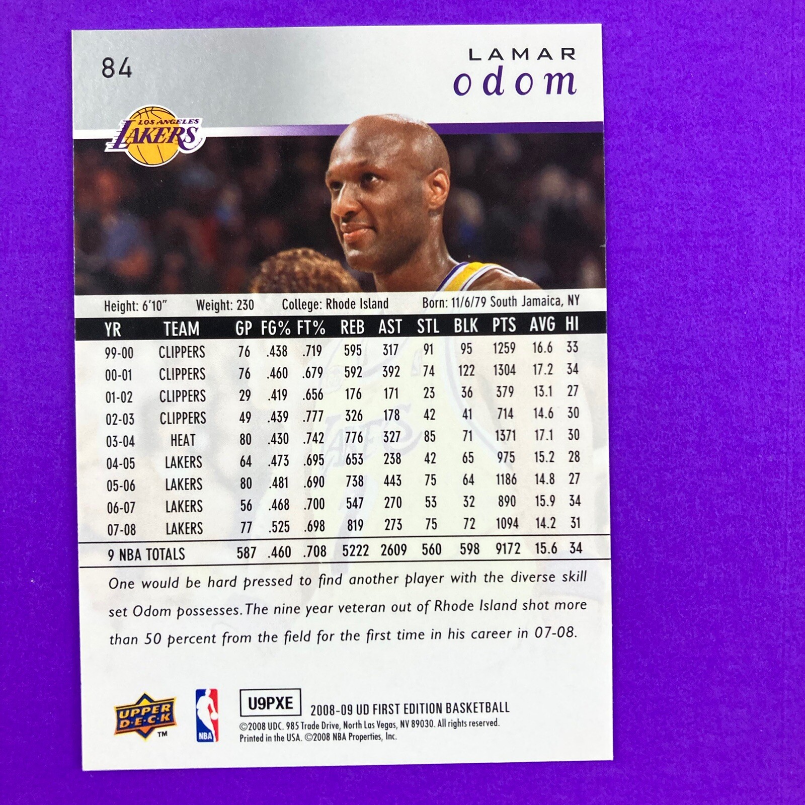 Lamar Odom 2008-09 Upper Deck First Edition Card #84 NBA Los Angeles Lakers