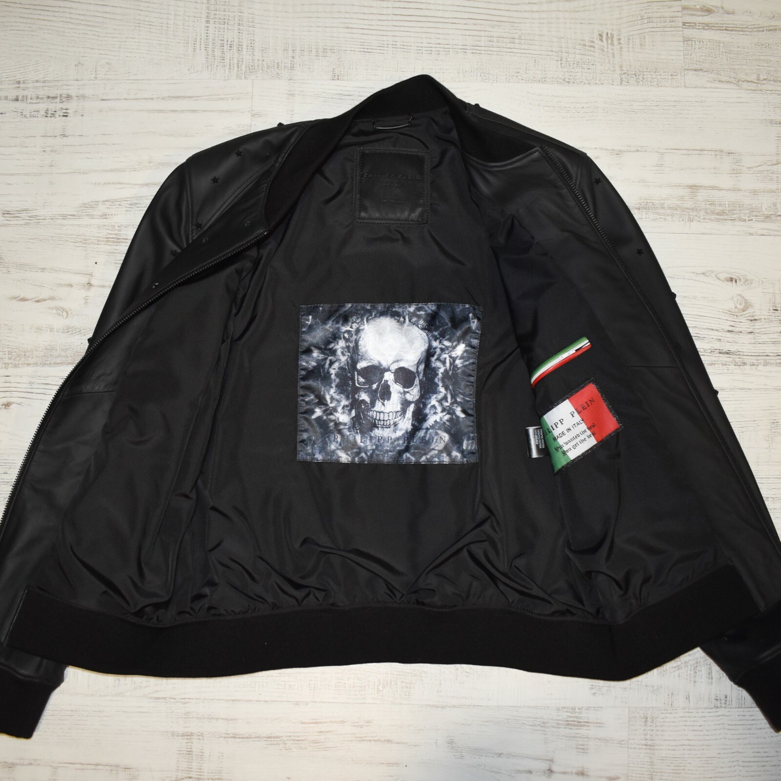 Philipp Plein Matte Black Studded Lambskin Men's Genuine Leather Bomber Jacket