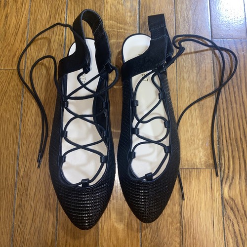 Nine West Farouto Black Lace Up Tie Ballet Textile Leather Flats