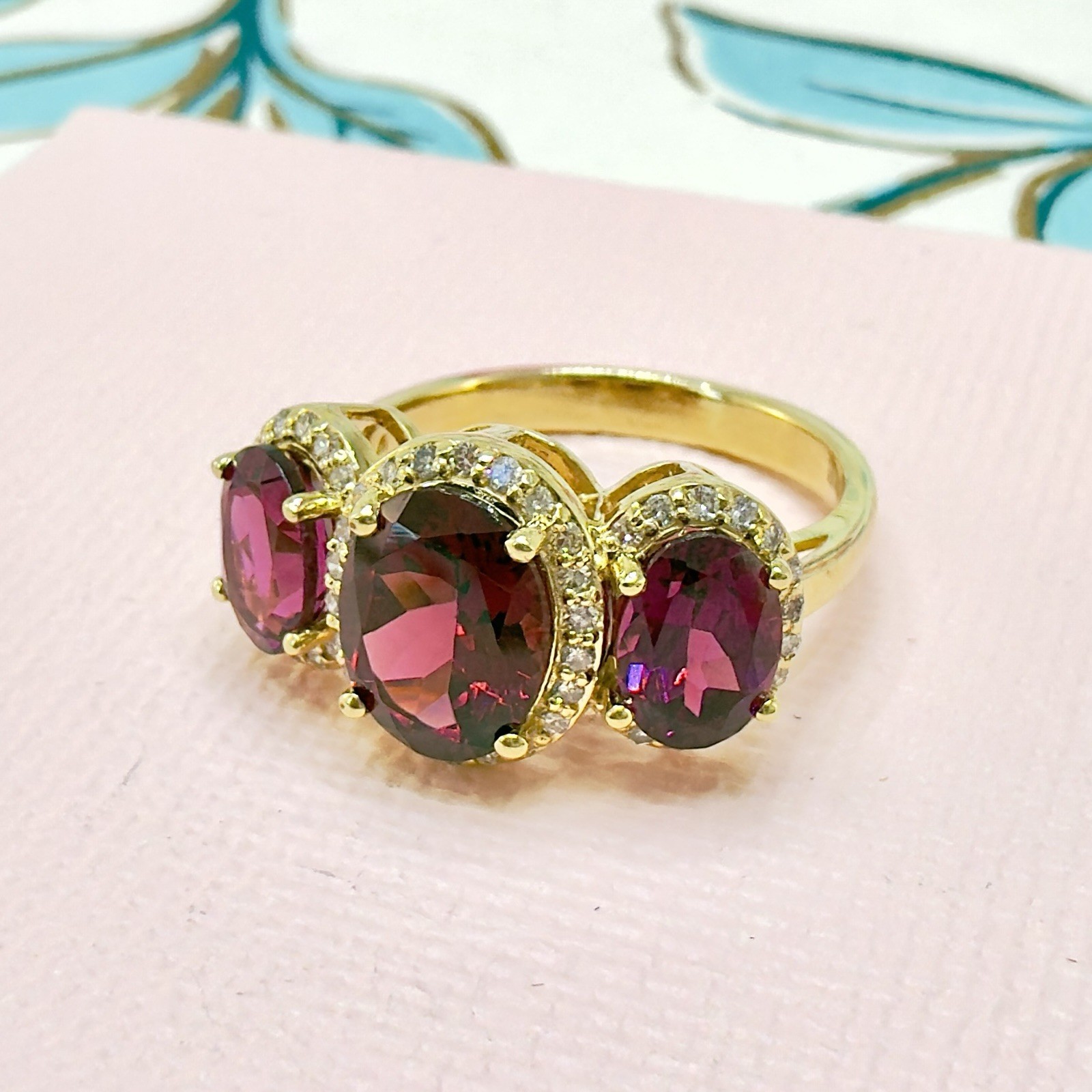 10K Yellow Gold Genuine Rhodolite Garnet & Diamond Three Stone Ring, Sz 6.5, New - Picture 3 of 11