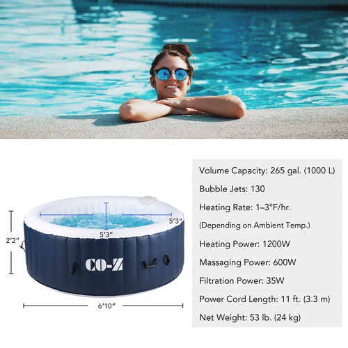 CO-Z Inflatable Hot Tub w Heater & 130 Massaging Jets 6 Person w Cover and Pump