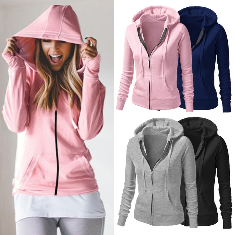Hoodys Winter Plain Zipper Fleece Hooded Womens Sweatshirt Coat Jacket