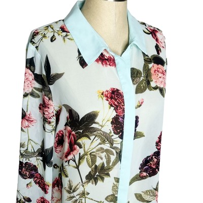 CeCe Top Womens Size L Blue Floral Semi Sheer Button Front