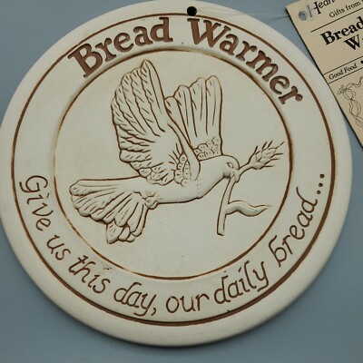 Vintage Lyn Ulick Bread Warmer Stoneware Our Daily Bread Peace Dove 1989 6 3/8''