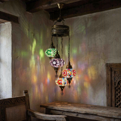 Multicolor Turkish Mosaic Chandelier - Handmade Moroccan 4 Globe Pendant Lamp