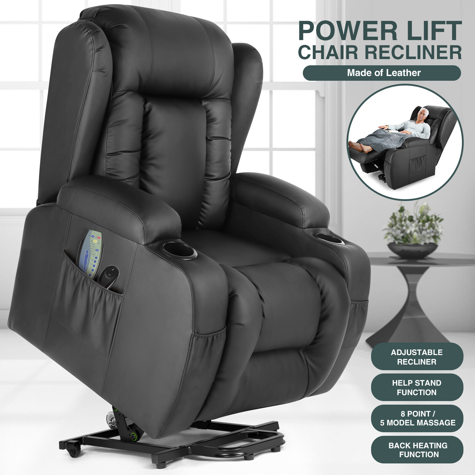 oversize auto electric power lift massage chair leather recliner heat  vibration