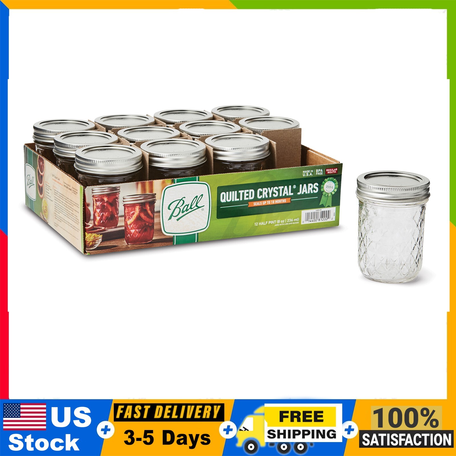 Regular Mouth 8oz Pint Mason Jars with Lids, 12 Count Quilte